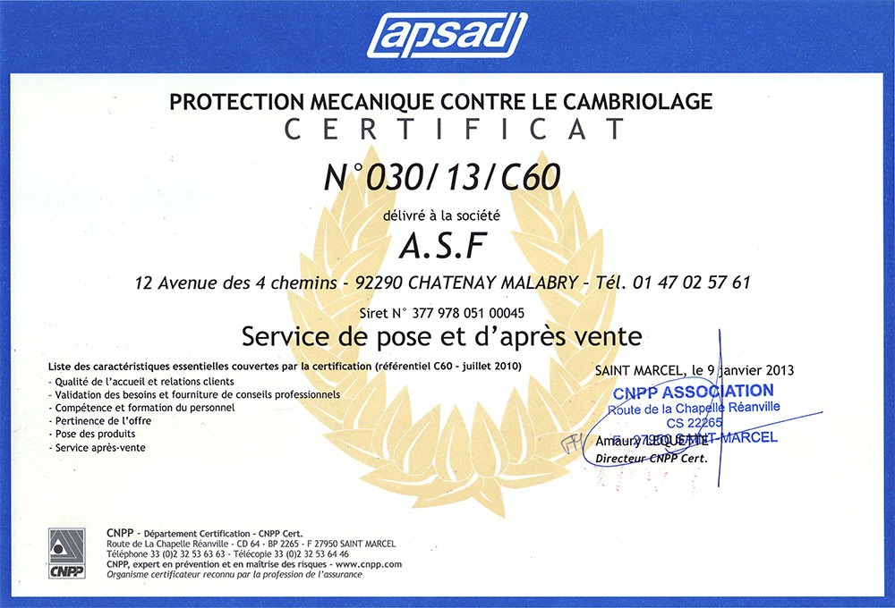 Certification Apsad A2P services